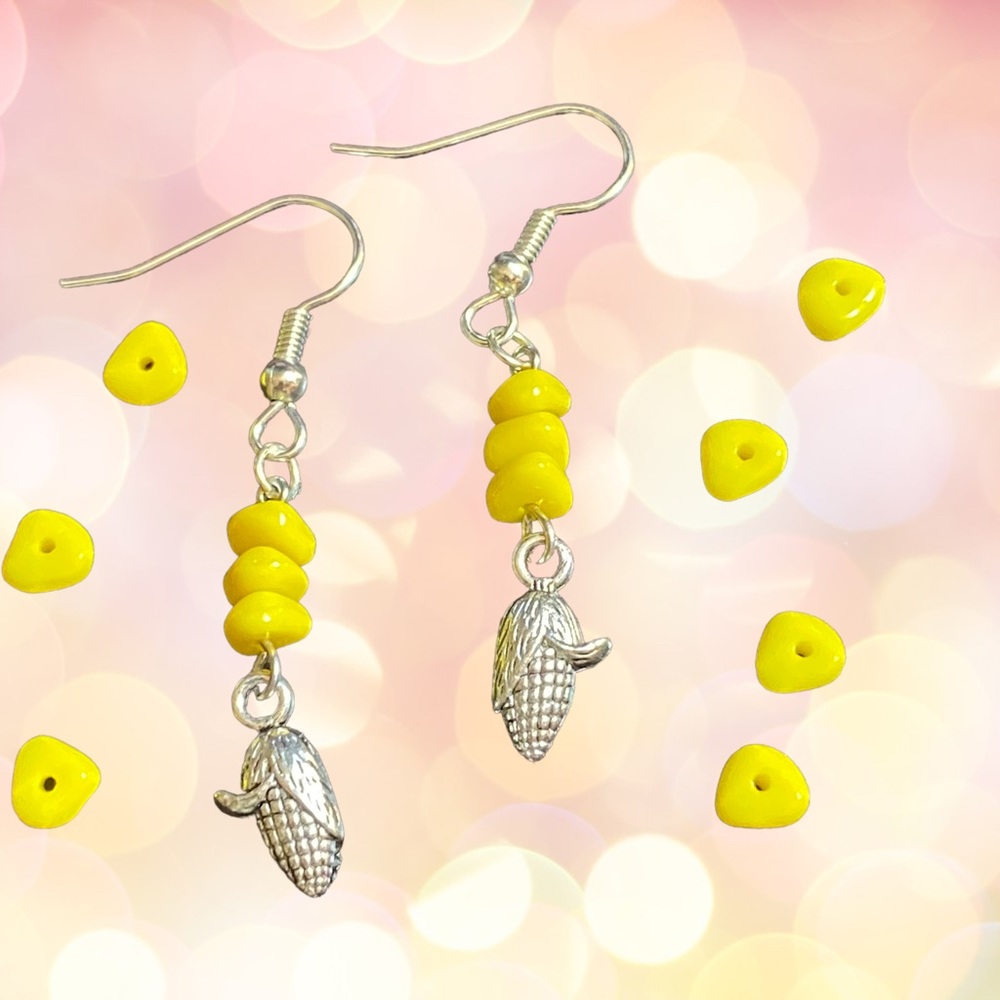 Hand Crafted Corn Earrings Silver Yellow Dangle Pierced Shucked Vegetable Cob - Picture 4 of 6